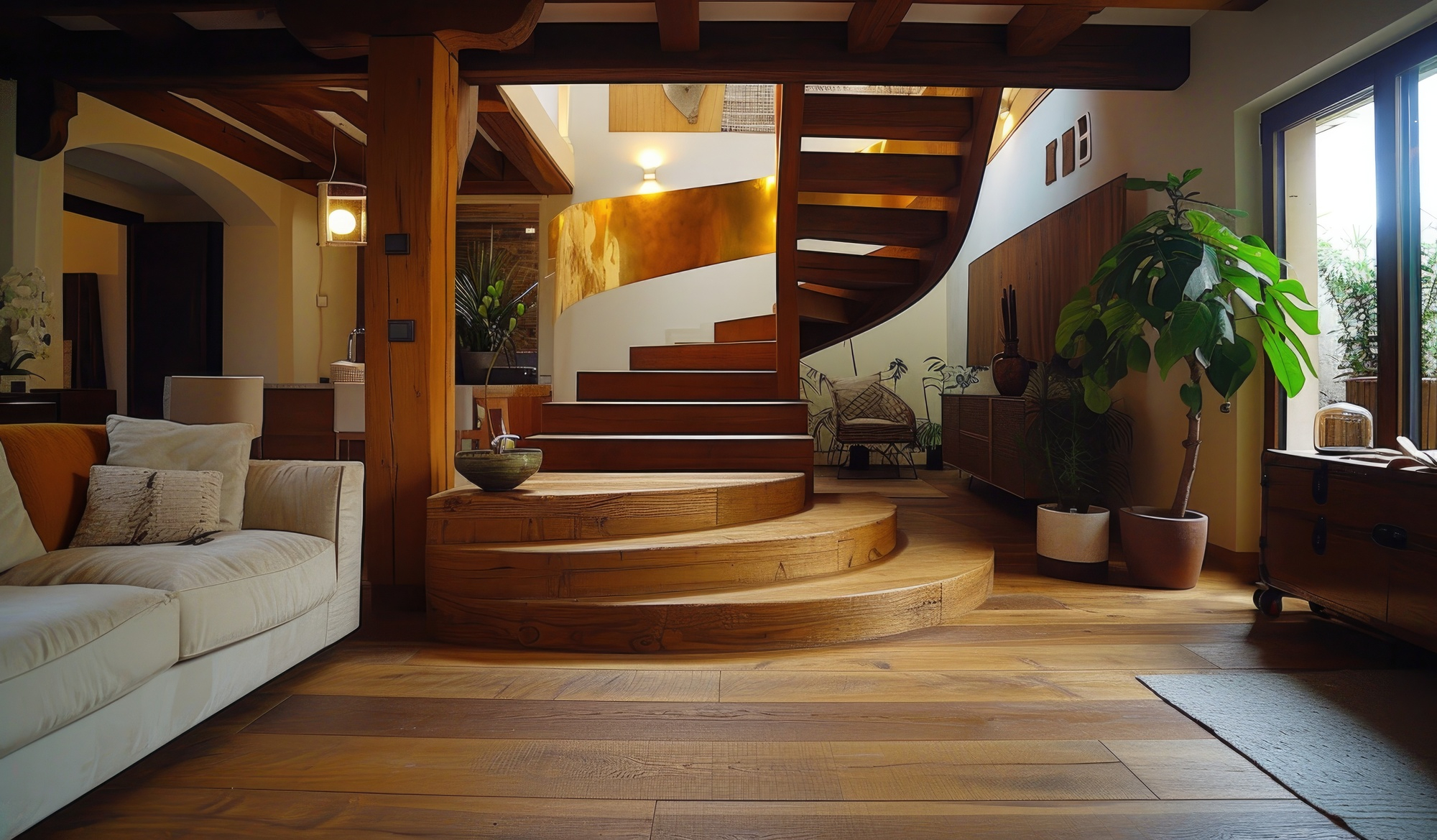 Aménagement intérieur en bois avec escalier et parquet sur mesure