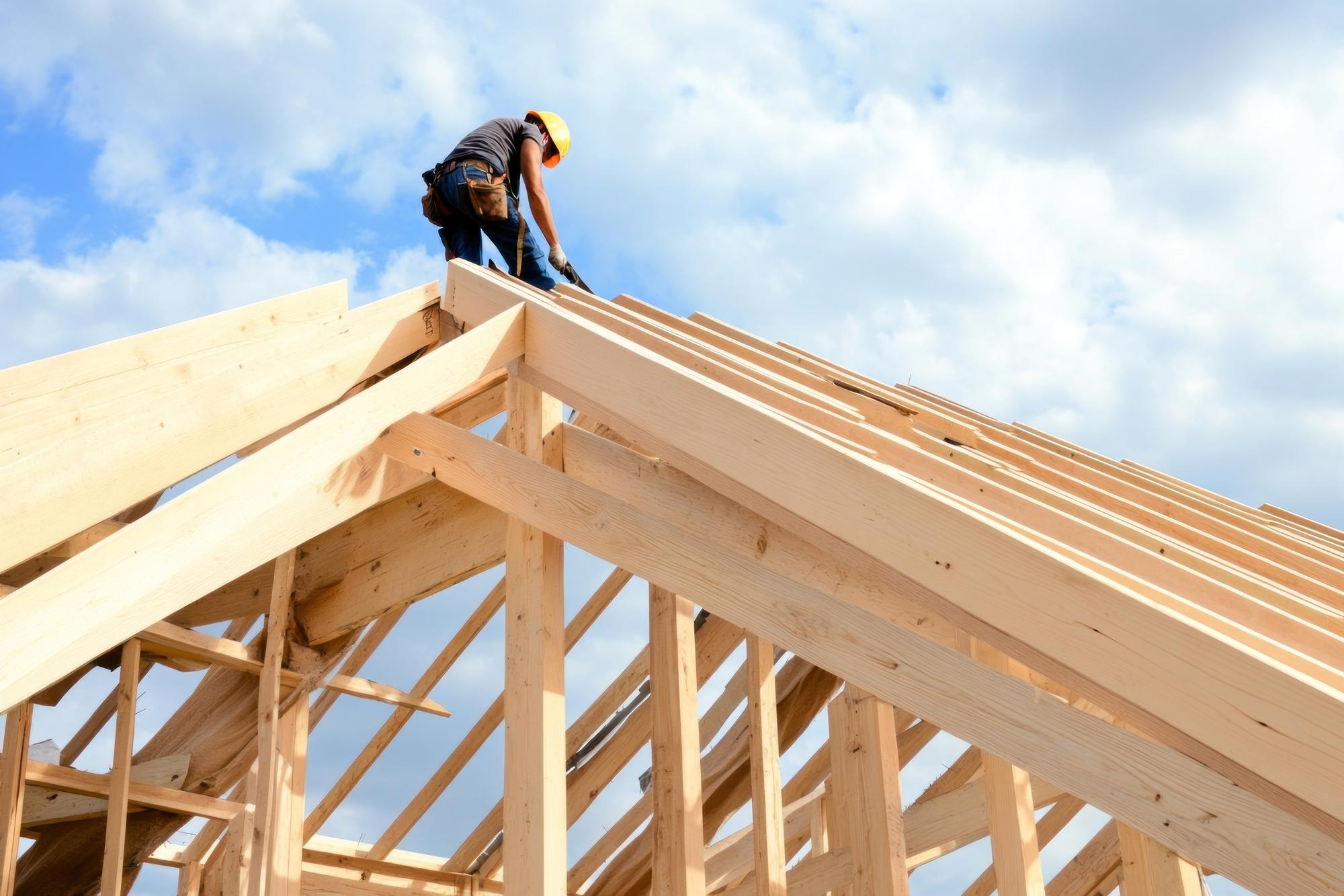 Charpentier installant une charpente en bois sur une maison